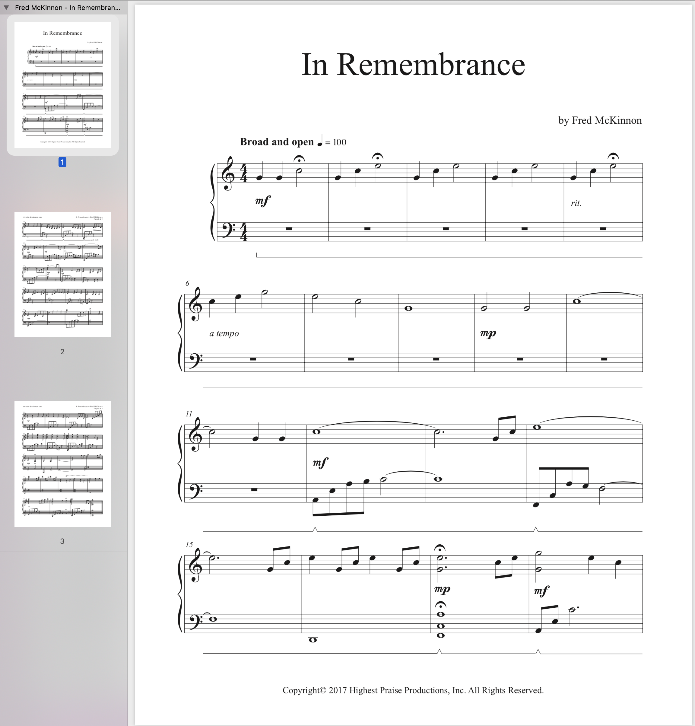 In Remembrance Sheet Music